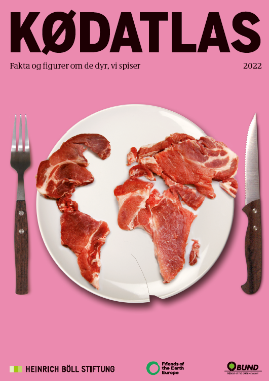 Billede af kødatlas, der indeholder kniv, gaffel og en tallerken hvorpå kontinenterne er formet af kød