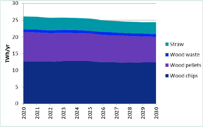 Figure 5. Potential consumption of biomass in Denmark till 2030 for four types of biomass. Source: Biomass Analysis, Danish Energy Agency, 2020.